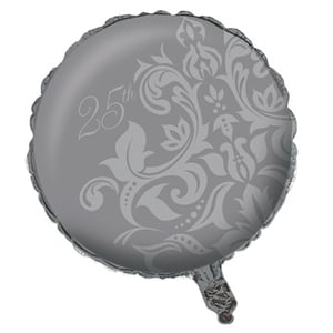 A silver 25th-anniversary balloon with a floral design.