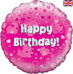 A pink balloon that says "Happy Birthday" on it.
