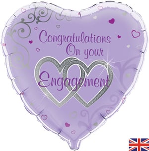 A purple heart-shaped balloon that says "Congratulations on your engagement."