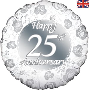A happy 25th anniversary balloon with roses on it.