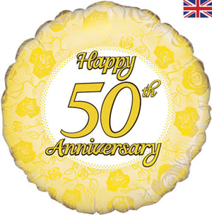 A happy 50th-anniversary balloon with yellow roses.
