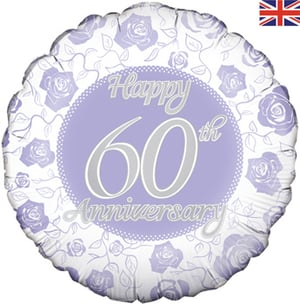 A happy 60th anniversary balloon with purple roses.