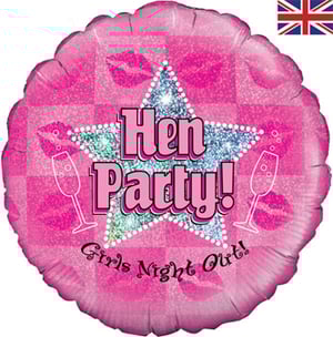 A pink balloon that says "hen party girls night out."