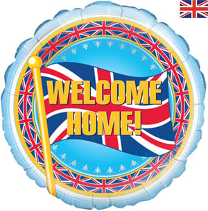 A British flag balloon that says "welcome home."