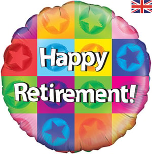 A colorful balloon that says, "Happy retirement."