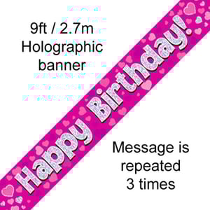 A pink banner that says "Happy Birthday" is repeated three times.