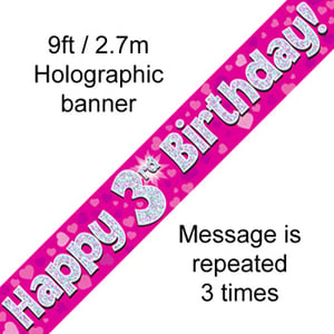 A pink banner that says "Happy 3rd Birthday."
