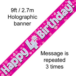 A pink banner that says "Happy 4th birthday."