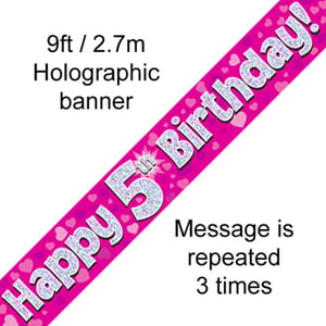 A pink banner that says "Happy 5th birthday."