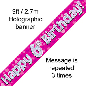 A pink banner that says "Happy 6th birthday".