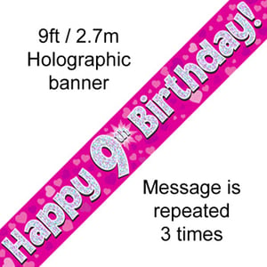 A pink banner that says "Happy 9th birthday."