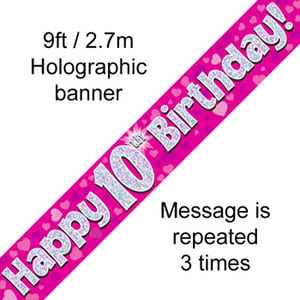 A pink banner that says, "Happy 10th birthday."