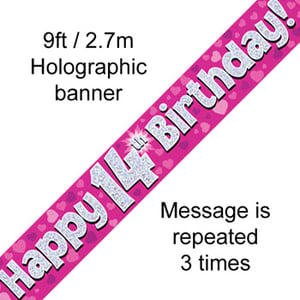 A pink banner that says "Happy 14th birthday."