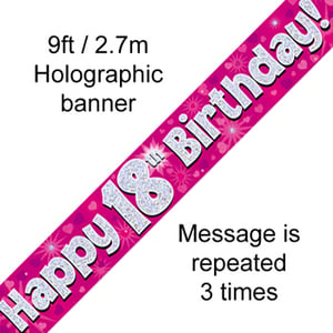A pink banner that says "Happy 18th Birthday."