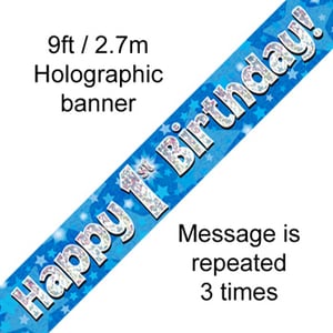 A blue banner that says "Happy 1st Birthday."