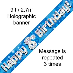 A blue banner that says "Happy 8th birthday."