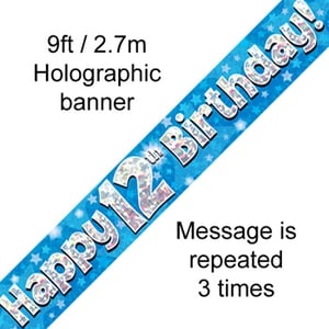 A blue banner that says "Happy 12th Birthday."