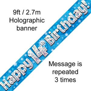 A blue banner that says, "Happy 14th birthday."