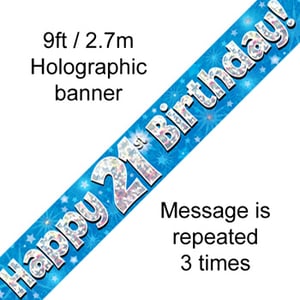 A blue banner that says "happy 21st birthday."