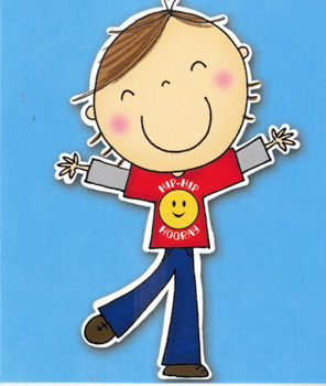 A cartoon boy wearing a red shirt that says "air-hip-hooray."