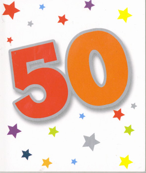 The number 50 is surrounded by colorful stars on a white background.