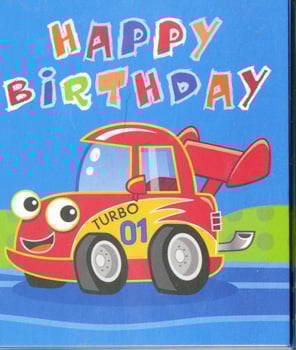 A happy birthday card with a turbo car on it.