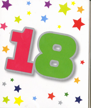 The number 18 is surrounded by colorful stars on a white background.