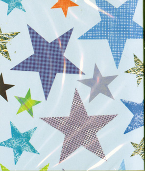 A blue background with many differently colored stars on it.