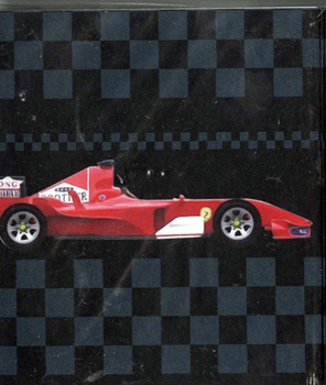 A red race car on a black-and-white checkered background.