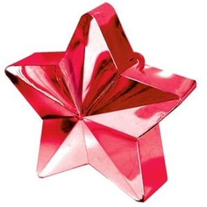 A weight of a red star-shaped balloon on a white background.