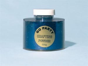 A jar of blue crafting powder with a white lid.