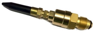 A close-up of a brass hose connector on a white background.