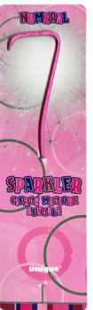 A pink sparkler in the shape of the number 7.