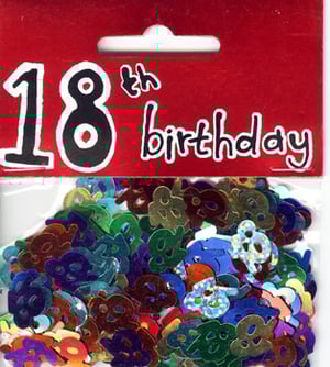 A bag of 18th birthday confetti is shown.