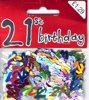 A bag of 21st birthday confetti is priced at $1.29.