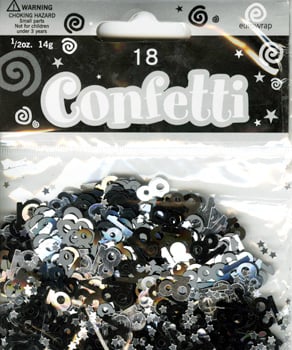 A bag of silver and black confetti contains 18 ounces.