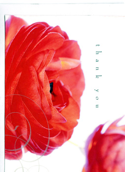A thank-you card with a red flower on it.
