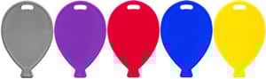 Five differently colored balloons are lined up in a row.