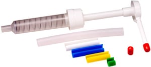 A plastic syringe with various colored caps and tubes.