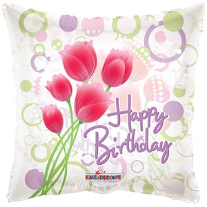 a happy birthday balloon with pink flowers on it