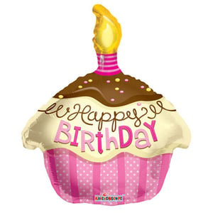 A happy birthday balloon shaped like a cupcake.
