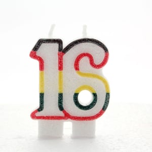 A birthday candle in the shape number 16.