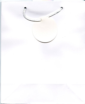 A white paper bag, with a rope handle and a white tag.