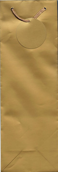 A gold paper bag with a tag on it.