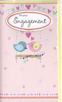 a pink engagement card with two birds on a branch