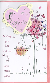 a happy 1st birthday card with a tree and hearts