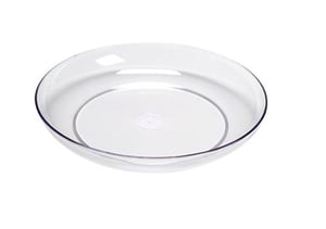 A clear plastic plate with a blue rim is on a white background.