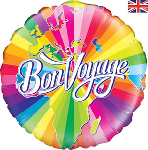 A colorful balloon that says "bon voyage" on it.