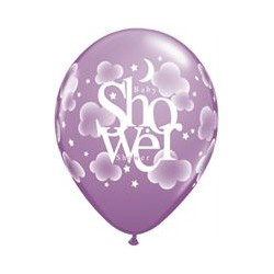 A purple baby shower balloon with clouds and stars on it.