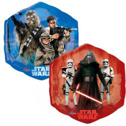 Two Star Wars balloons with Chewbacca and Darth Vader on them.